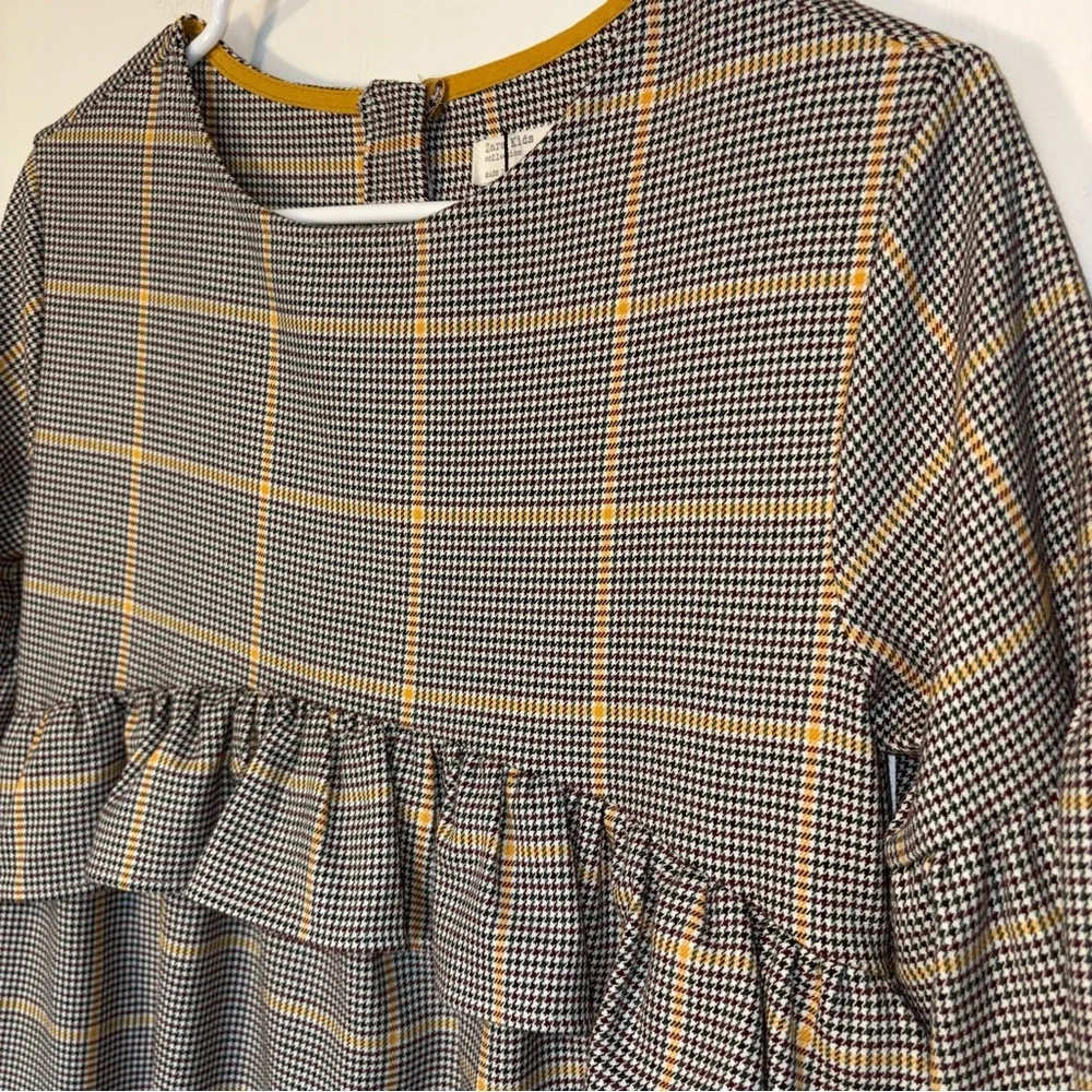 Zara Girls Houndstooth Checked Plaid Bell‎ Sleeve Dress Size 13/14 Mustard/Grey